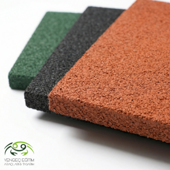 Kauçuk zemin kaplama 3 renk seçeneği üst üste – turuncu siyah yeşil karo kalınlık detayı