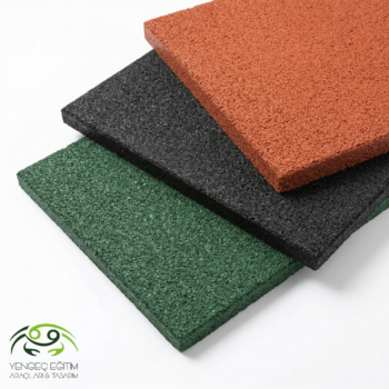 Kauçuk zemin kaplama çocuk parkı uygulaması – siyah yeşil turuncu karo döşeme kaydırak ve salıncak alanı