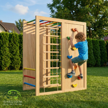 Çocuk tırmanma duvarı üzerinde renkli taşlara tutunarak tırmanan çocuk