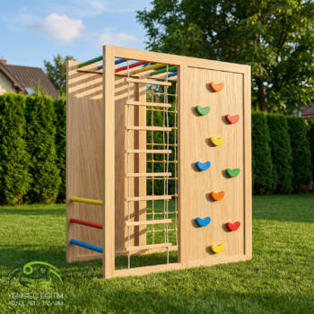 Çocuk tırmanma duvarı 4 bölümlü ahşap çoklu tırmanma seti