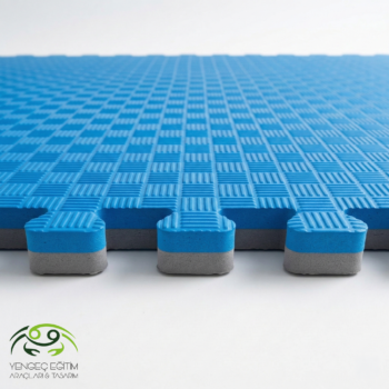 Defolu tatami minder 100×100 2,6 cm mavi gri çift renkli yan profil kalınlık detayı