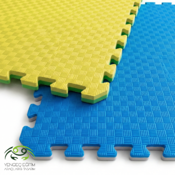 Defolu tatami minder 100×100 2,6 cm sarı yeşil ve mavi çift renkli puzzle birleşim detayı