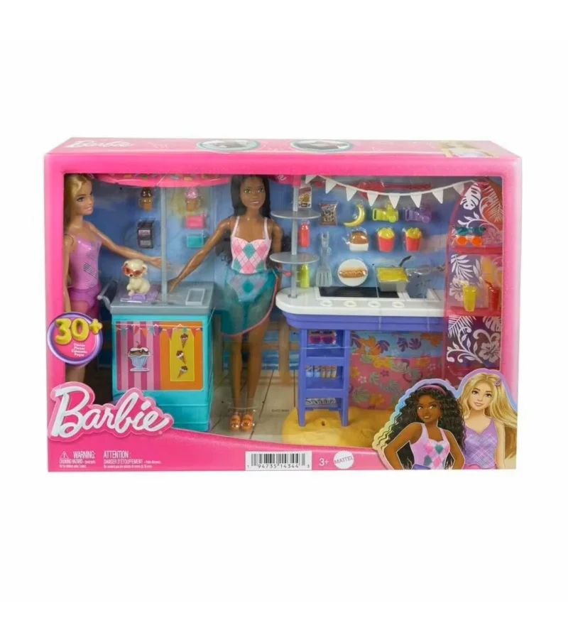 Barbie Brooklyn ve Malibu Bebekleri Oyun Seti, çocukların plaj eğlencesi ve yemek sahnelerini hayal etmelerini sağlayan zengin aksesuarlarla dolu keyifli bir oyuncak setidir.