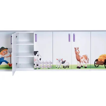 8 Kapaklı Anaokulu Dolabı Açık Kapaklı Önden Görünüşü