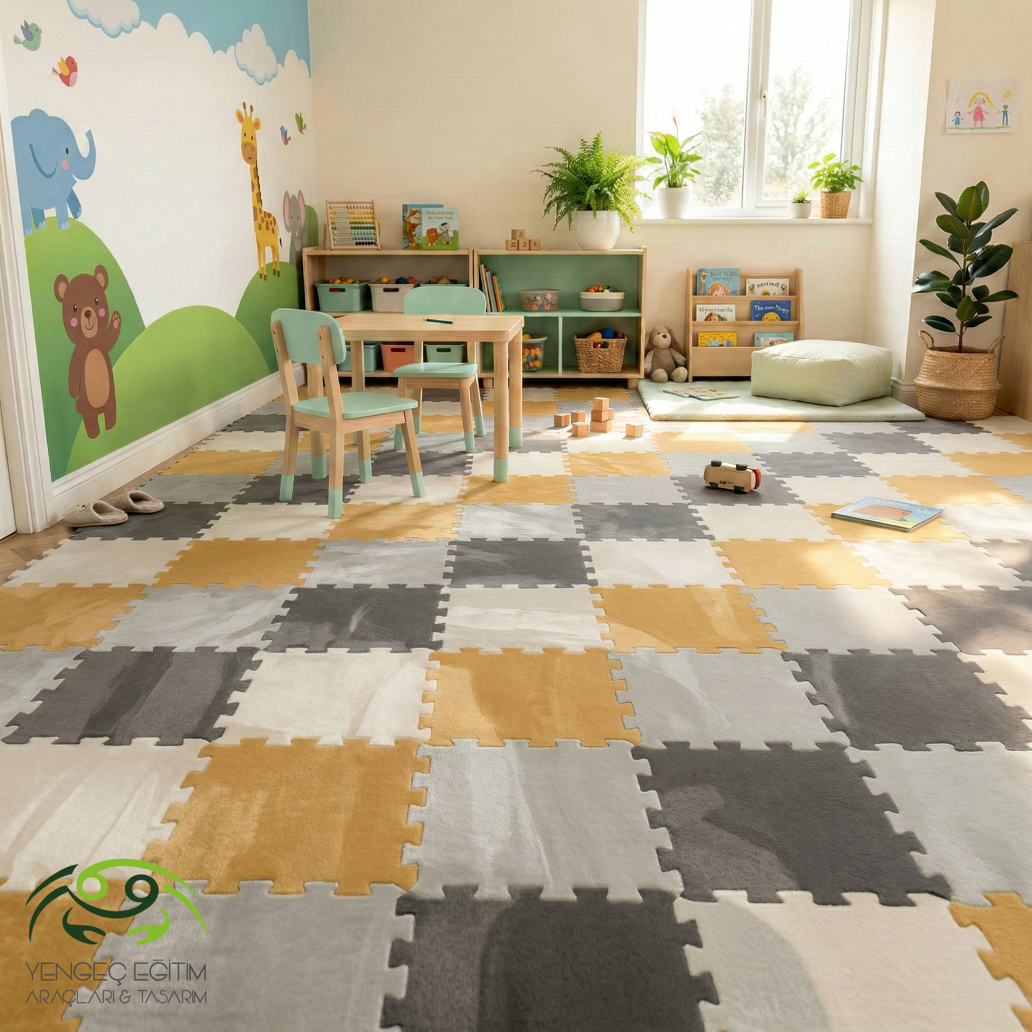 Anaokulu sınıfında peluş puzzle halı zemin kaplama - hardal, gri ve krem tonlarında döşenmiş oyun alanı