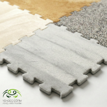 Peluş puzzle halı farklı renk ve doku seçenekleri yakın çekim - açık gri, krem, hardal ve melanj parçalar
