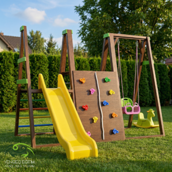 Çocuk Parkı Ahşap Kaydırak Salıncak Tırmanma Seti Ön Görünüm