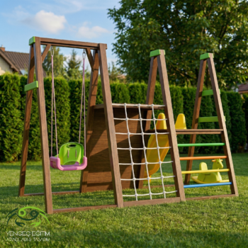 Çocuk Parkı Ahşap Kaydırak Salıncak Tırmanma Seti Arka Görünüm
