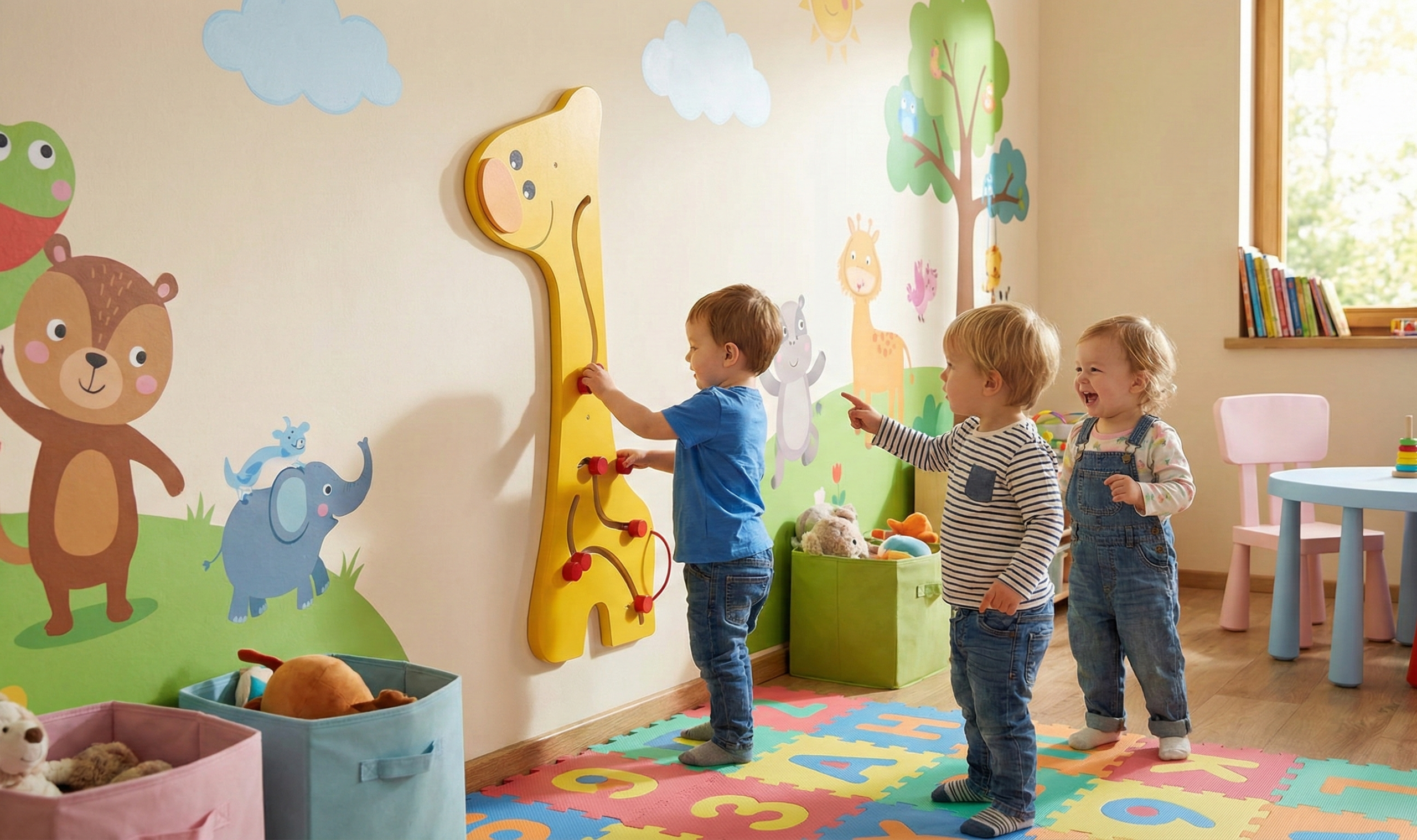 Anaokulu sınıfında yan yana monte edilmiş farklı duvar aktivite oyunları ve panellerin önünde oynayan çocuklar