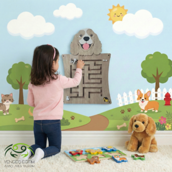 Çocuk köpek labirent duvar aktivite oyunu ile oynuyor - labirent kanalında figür kaydırıyor Yengeç Eğitim