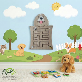 Köpek Labirent Duvar Aktivite Oyunu - kahverengi köpek figürlü ahşap labirent bulmaca duvar paneli Yengeç Eğitim