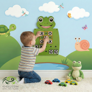 Kurbağa XOX Duvar Aktivite Oyunu - yeşil kurbağa figürlü ahşap tic tac toe duvar paneli Yengeç Eğitim