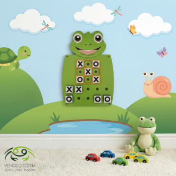 Kurbağa XOX Duvar Aktivite Oyunu - yeşil kurbağa figürlü ahşap tic tac toe duvar paneli Yengeç Eğitim
