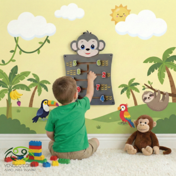 Çocuk maymun sayı duvar aktivite oyunu ile oynuyor - sayıları raylarda kaydırarak muz gruplarıyla eşleştiriyor Yengeç Eğitim