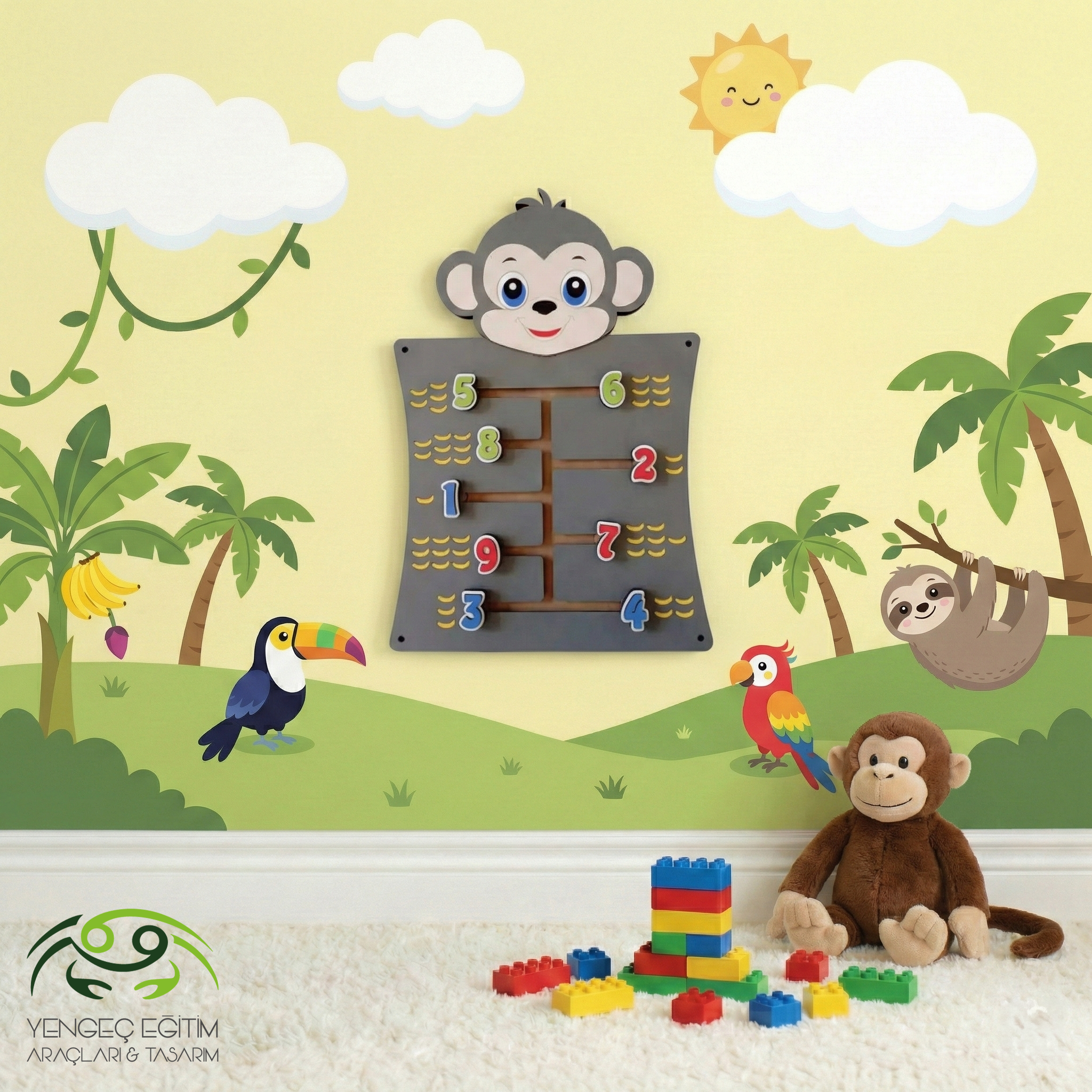 Maymun Sayı Duvar Aktivite Oyunu - 1-9 arası kaydırmalı sayı ve muz eşleştirme duvar paneli Yengeç Eğitim