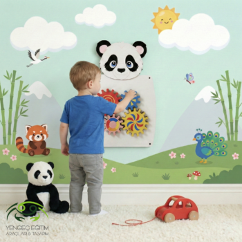 Çocuk panda çark duvar aktivite oyunu ile oynuyor - renkli dişli çarkları çeviriyor Yengeç Eğitim