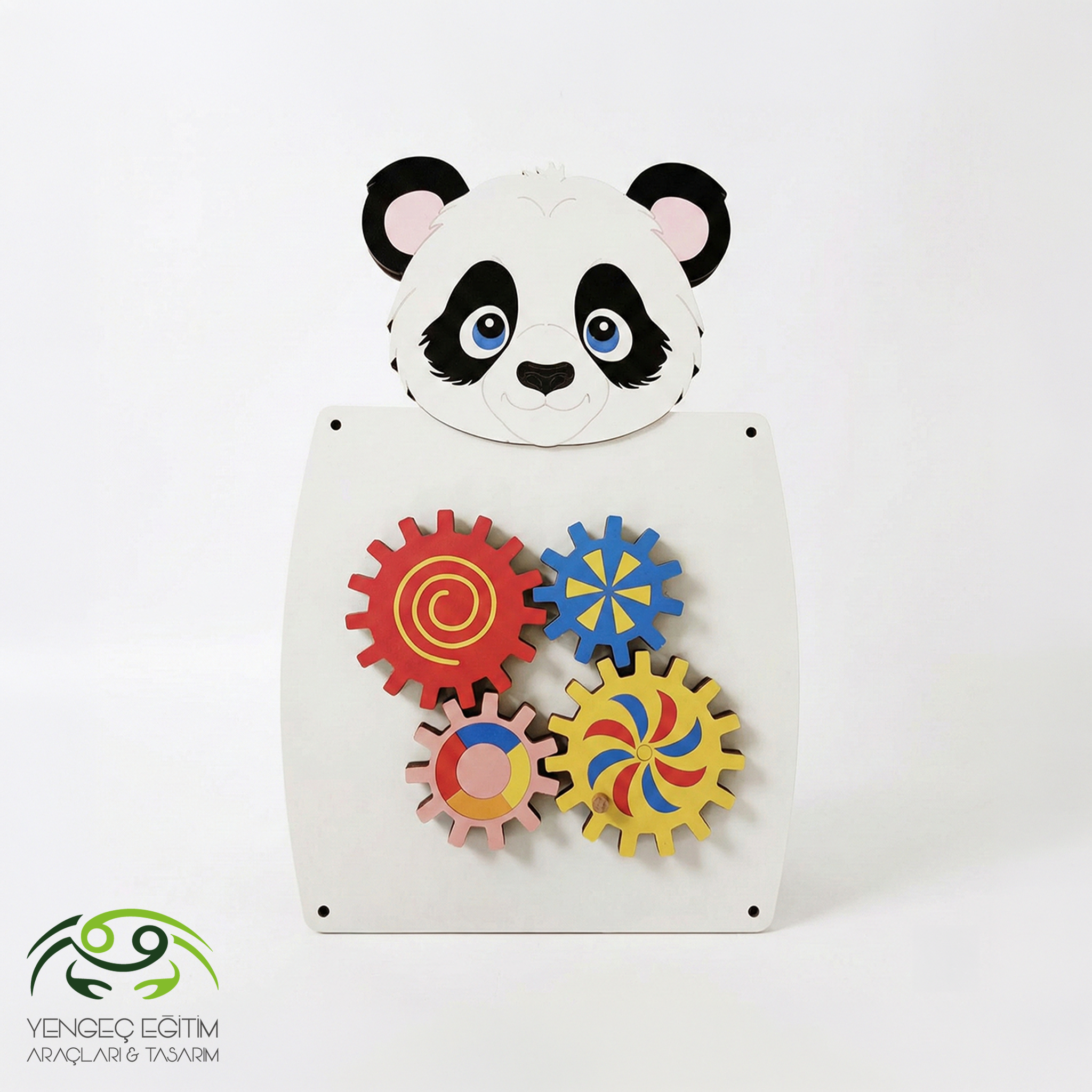 Panda Çark Duvar Aktivite Oyunu ön görünüm - 36x55 cm MDF lam dört renkli dişli çark paneli Yengeç Eğitim