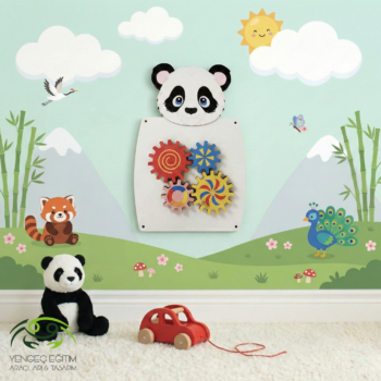 Panda Çark Duvar Aktivite Oyunu - renkli dişli çarklı ahşap duvar paneli Yengeç Eğitim