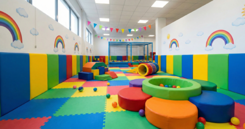 Anaokulu sınıfında renkli toplarla dolu soft play oyun alanında oynayan çocuklar