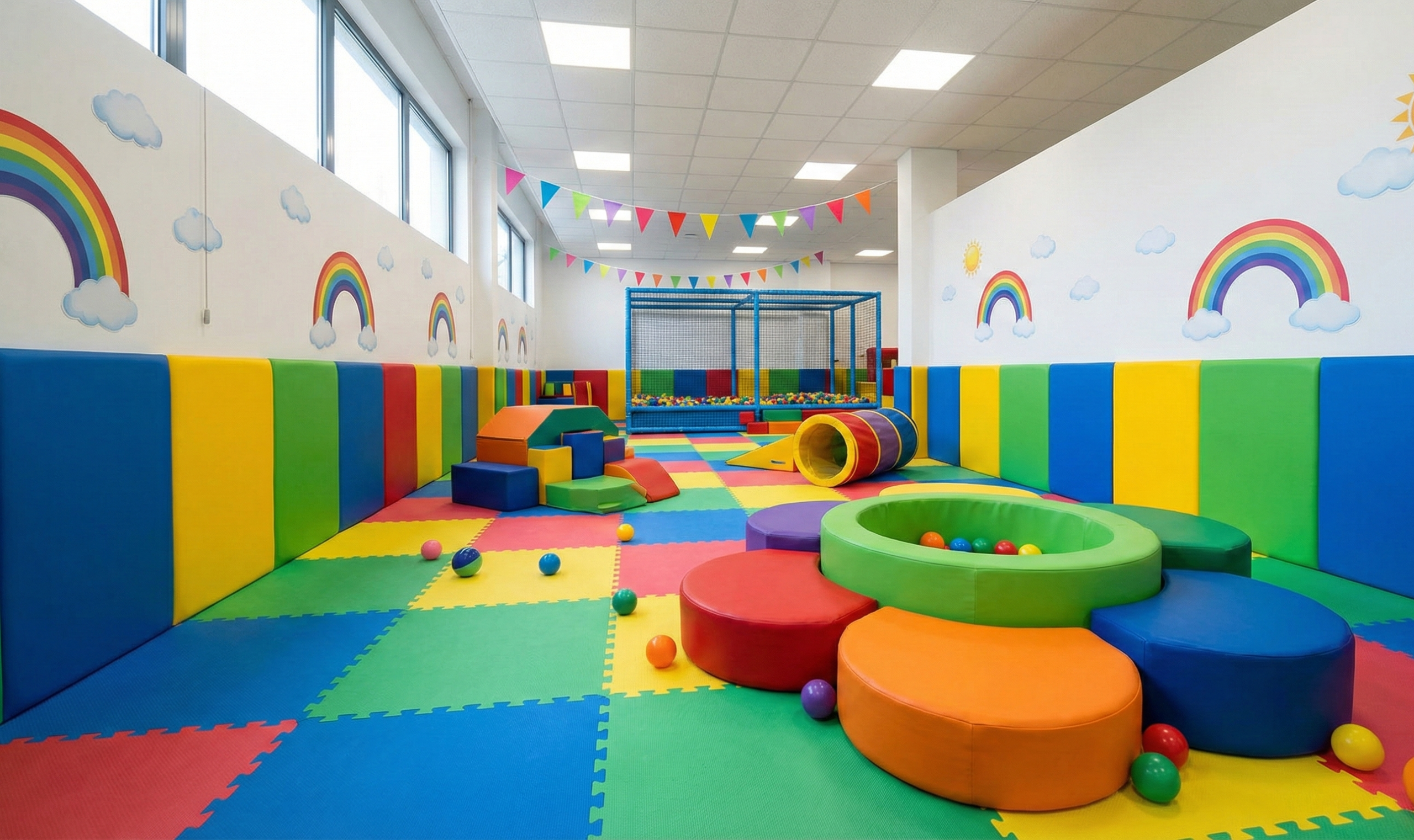 Anaokulu sınıfında renkli toplarla dolu soft play oyun alanında oynayan çocuklar