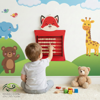 Tilki Abaküs Duvar Aktivite Oyunu - Ahşap boncuklu anaokulu duvar oyunu, kırmızı tilki figürlü tasarım