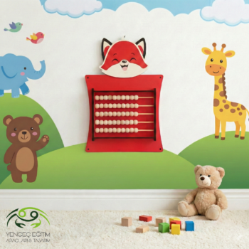 Tilki Abaküs Duvar Aktivite Oyunu - Ahşap boncuklu anaokulu duvar oyunu, kırmızı tilki figürlü tasarım