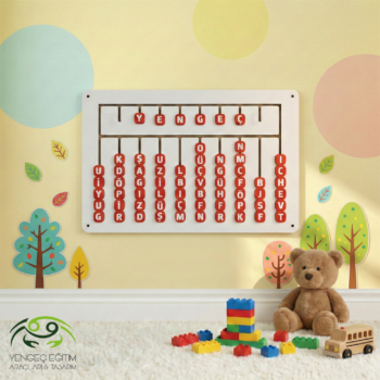 Ahşap duvara monte harf ve kelime öğrenme panosu ön görünüm - Türk alfabesi kaydırılabilir kırmızı harf butonları