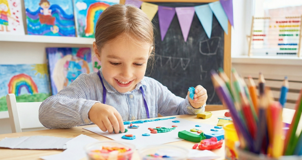 Anaokulunda renkli oyun hamuru ile şekil yapan çocuk oyun temelli öğrenme etkinliği
