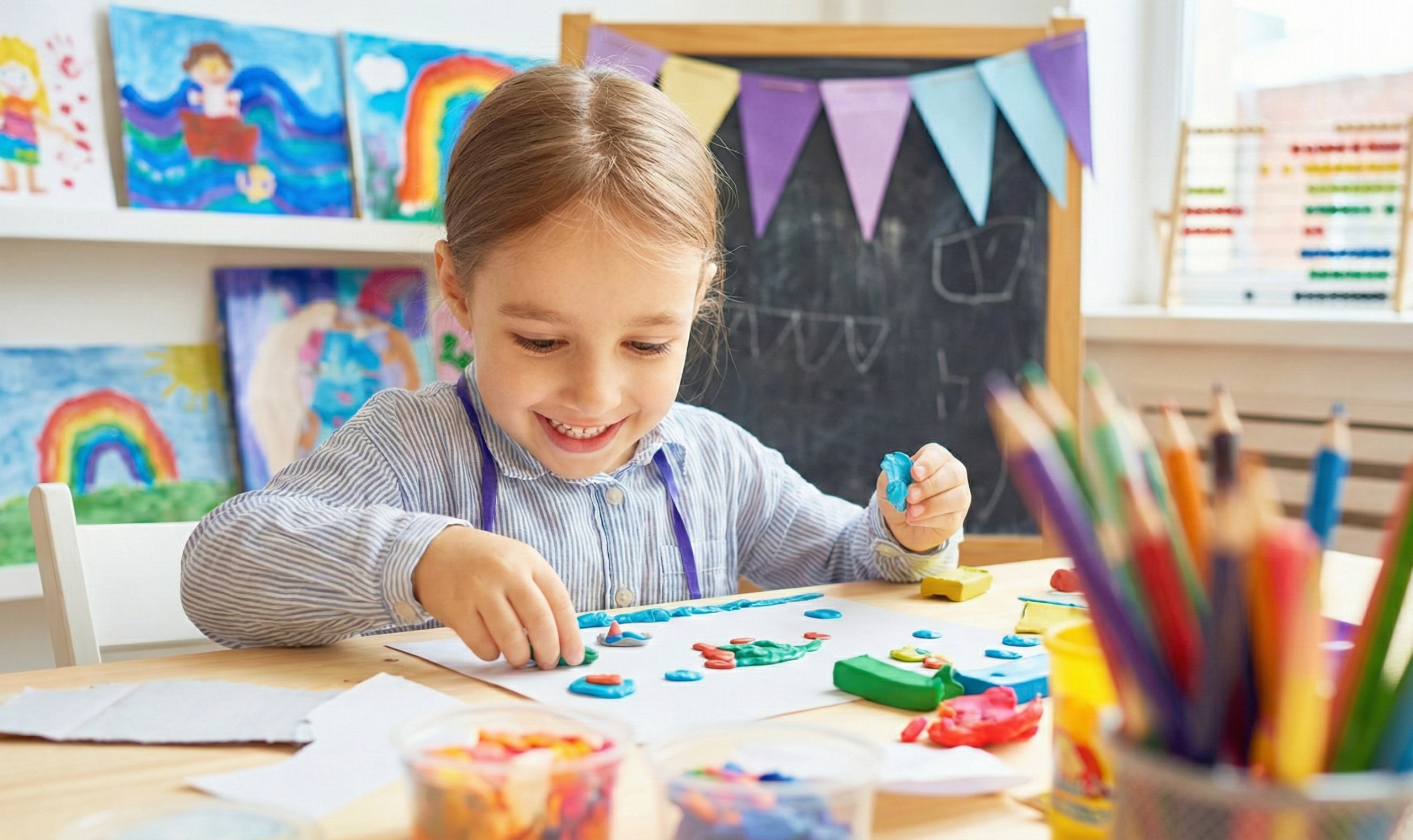 Anaokulunda renkli oyun hamuru ile şekil yapan çocuk oyun temelli öğrenme etkinliği