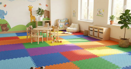 Anaokulu sınıfında renkli tatami minder zemin kaplama - puzzle formunda EVA minderlerle döşenmiş oyun alanı