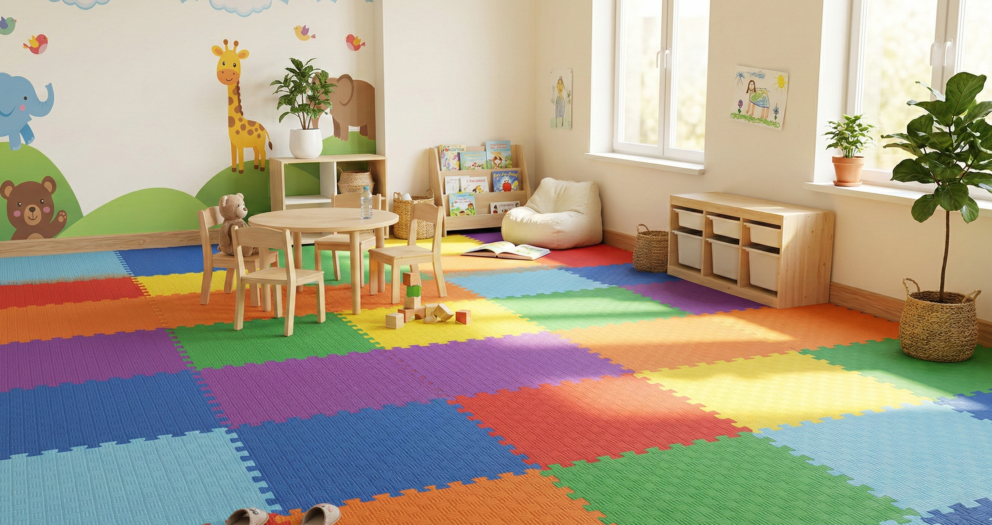 Anaokulu sınıfında renkli tatami minder zemin kaplama - puzzle formunda EVA minderlerle döşenmiş oyun alanı