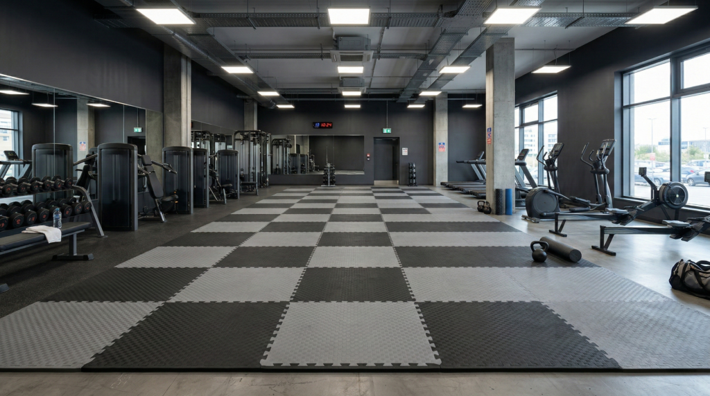 Spor salonunda gri-siyah tatami minder zemin kaplama - fitness alanında puzzle EVA zemin döşemesi