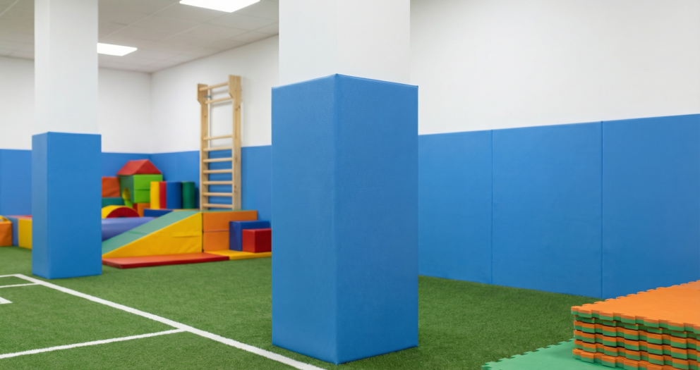 Yapışkanlı duvar paneli ile kaplı mavi EVA güvenlik minderleri kolon ve duvar yüzeylerinde