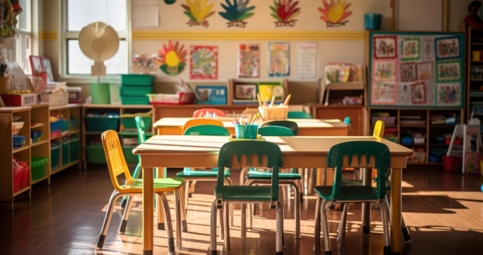 Ahşap masa, renkli sandalyeler ve alçak raflı dolaplarla düzenlenmiş anaokulu sınıfında grup çalışma alanı
