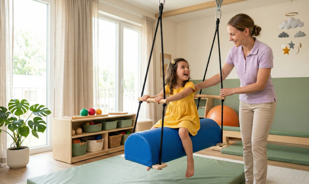 Çocuk duyu bütünleme salıncağında terapist eşliğinde sallanıyor