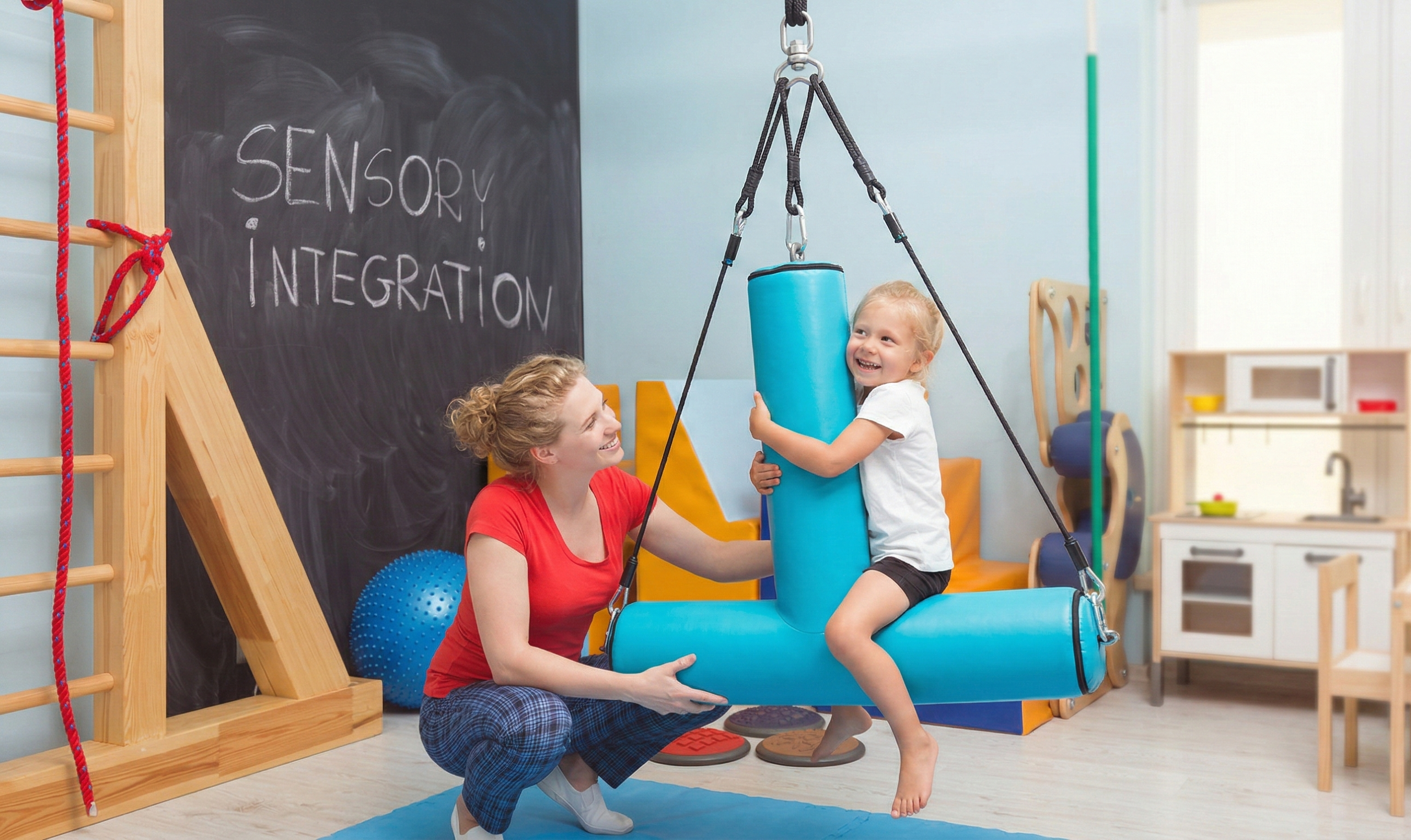 Duyu bütünleme salıncağı ile terapi seansında çocuk ve terapist