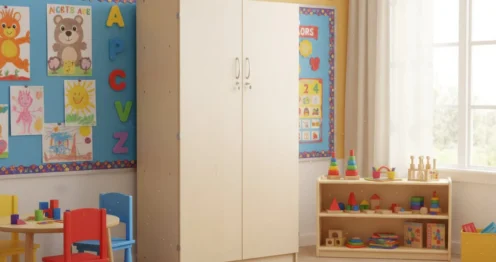 anaokulu sınıfında öğretmen dolabı kilitli beyaz MDF okul mobilyası