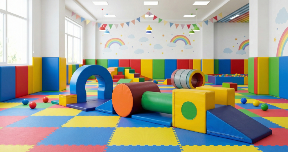 Renkli tatami minder zemin üzerinde kurulmuş sünger oyun grubu parkuru - tünel, kemer, rampa ve blok parçalarıyla donatılmış geniş anaokulu oyun salonu