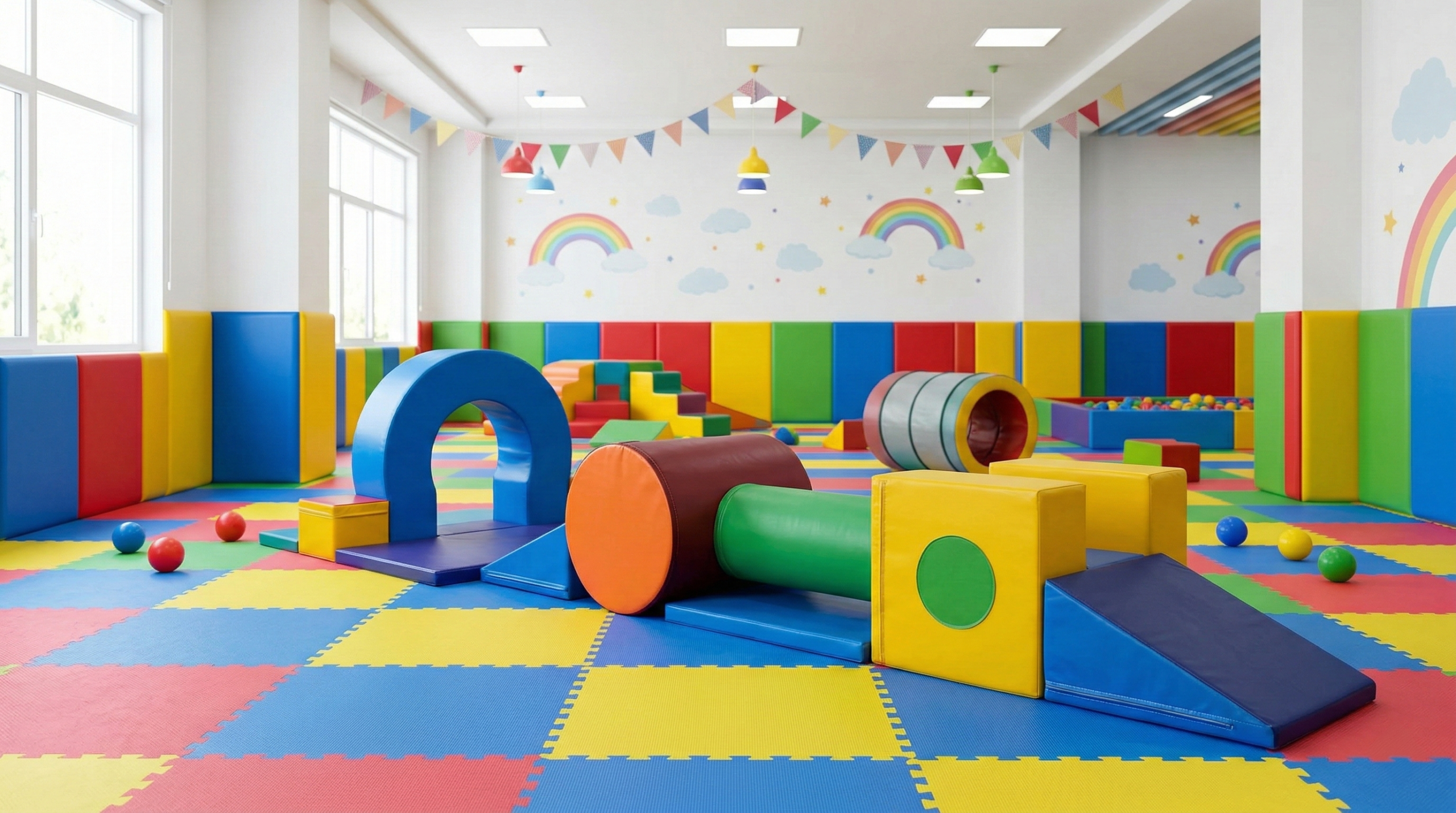 Renkli tatami minder zemin üzerinde kurulmuş sünger oyun grubu parkuru - tünel, kemer, rampa ve blok parçalarıyla donatılmış geniş anaokulu oyun salonu