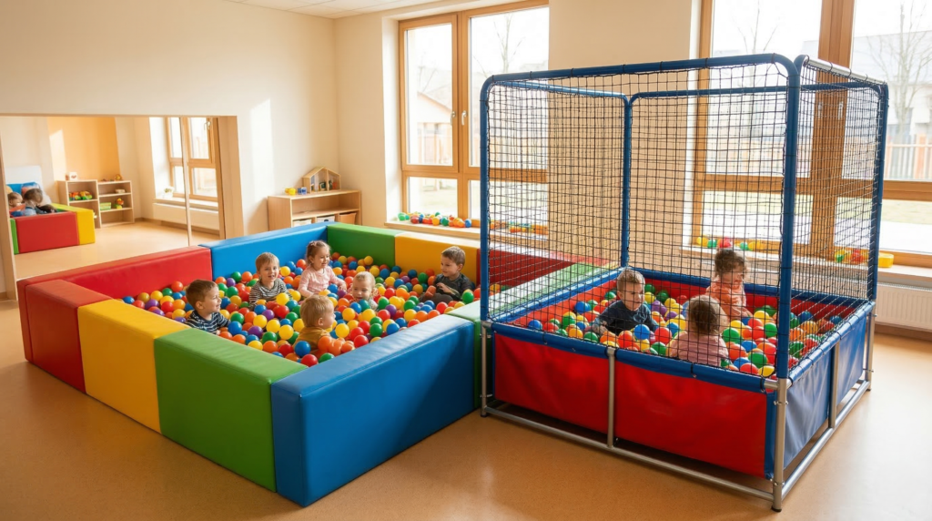 Anaokulu sınıfında sünger dolgulu top havuzu ve metal iskelet fileli top havuzu yan yana renkli toplarla dolu çocuklar oynarken